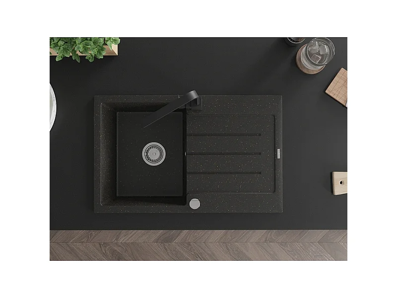 Mexen Bruno fregadero de granito de 1 cubeta con escurridor y grifo de cocina Rita, negro/metalizado plateado