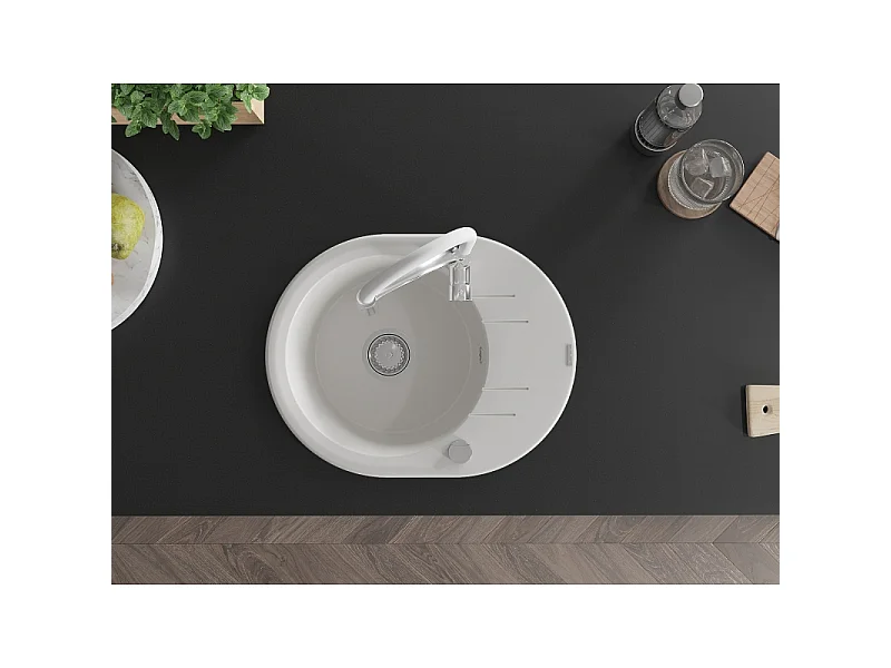 Mexen Kevin 1-bowl granite kitchen sink with drainer and Aster kitchen tap, white - 6517-20-73450-02