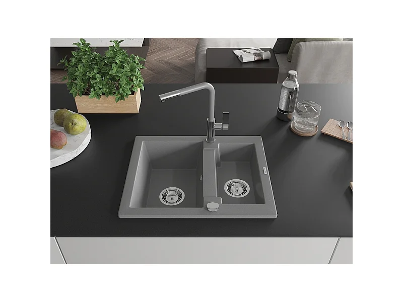 Mexen Carlos granite sink 1.5-bowl with Flora kitchen tap, grey - 6518-71-670401-06