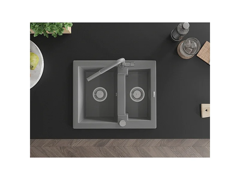 Mexen Carlos granite sink 1.5-bowl with Flora kitchen tap, grey - 6518-71-670401-06