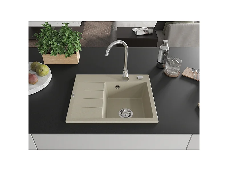 Mexen Ben granitische spoelbak met 1 bak en afdruipgedeelte, rechts 600 x 500 mm, beige, sifon chroom - 6523605000-69