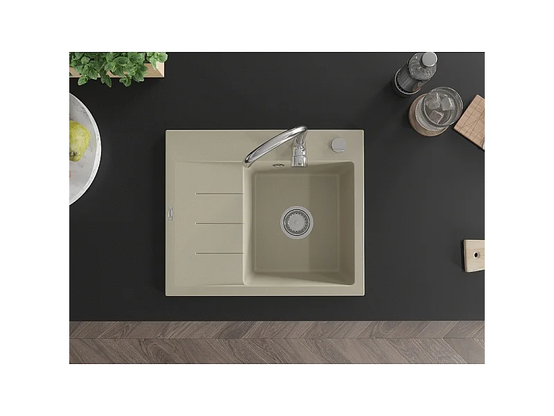 Mexen Ben granitische spoelbak met 1 bak en afdruipgedeelte, rechts 600 x 500 mm, beige, sifon chroom - 6523605000-69