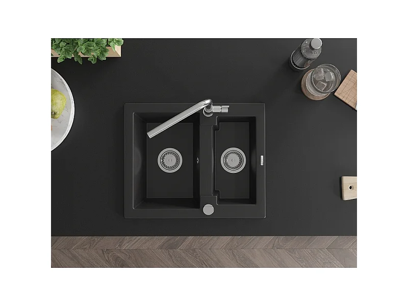 Mexen Carlos 1.5-bowl granite sink with Flora kitchen tap, black - 6518-77-670401-00