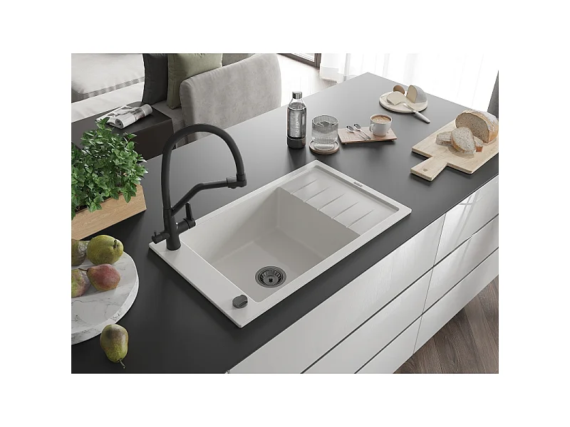 Mexen Elias fregadero de granito de 1 compartimento con escurridor y grifo de cocina Duo, blanco - 6511-20-671701-70-B