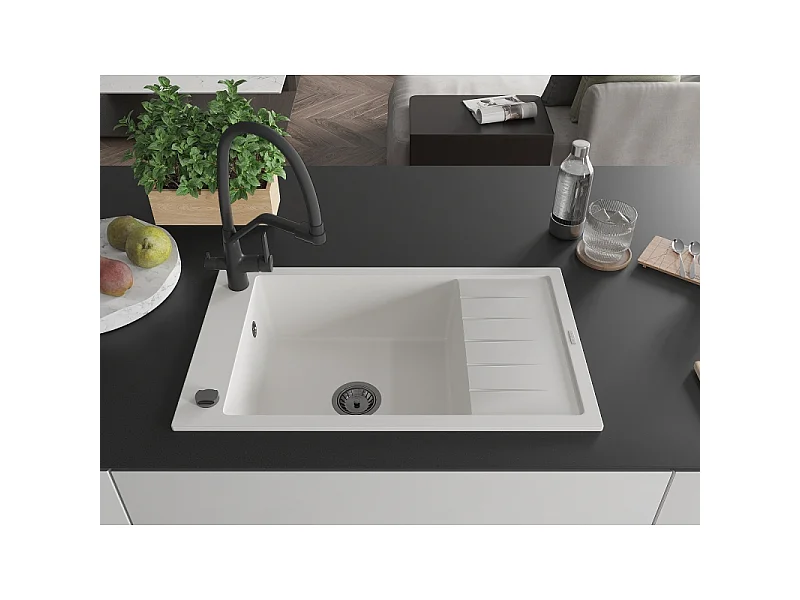 Mexen Elias fregadero de granito de 1 compartimento con escurridor y grifo de cocina Duo, blanco - 6511-20-671701-70-B