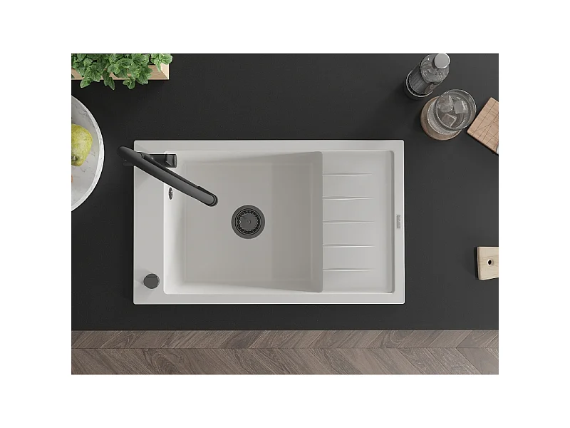 Mexen Elias fregadero de granito de 1 compartimento con escurridor y grifo de cocina Duo, blanco - 6511-20-671701-70-B