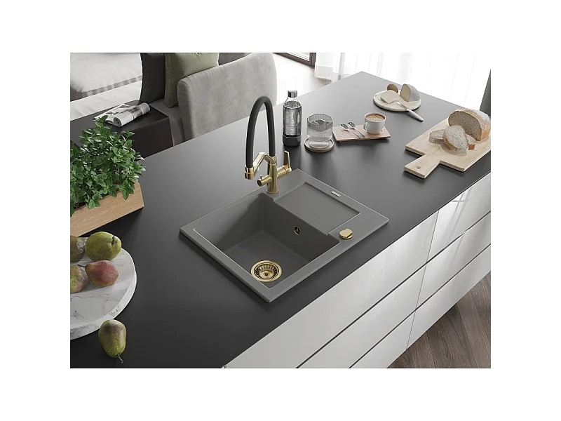 Mexen Enzo évier en granit 1 bac avec égouttoir et robinet de cuisine Duo, gris - 6506-71-671701-57-G