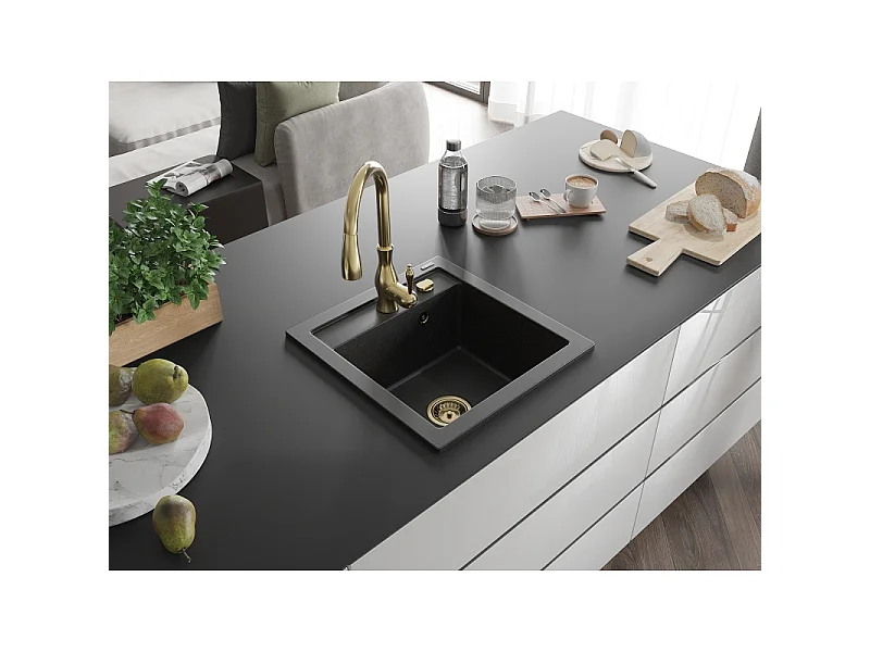 Mexen Vito granite sink 1-bowl with Savita kitchen tap, black/silver metallic - 6503-73-672601-50