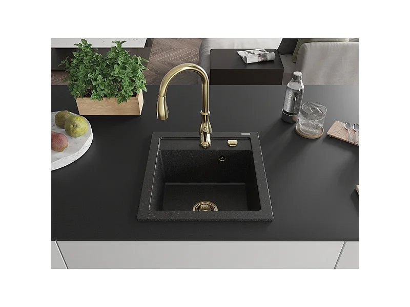 Mexen Vito granite sink 1-bowl with Savita kitchen tap, black/silver metallic - 6503-73-672601-50
