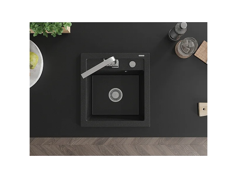 Mexen Vito granite single-bowl sink with Rita kitchen tap, black/silver metallic - 6503-73-670300-00
