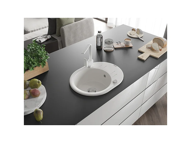 Mexen Kevin granite sink 1-bowl with drainer and Rita kitchen tap, white - 6517-20-670300-20