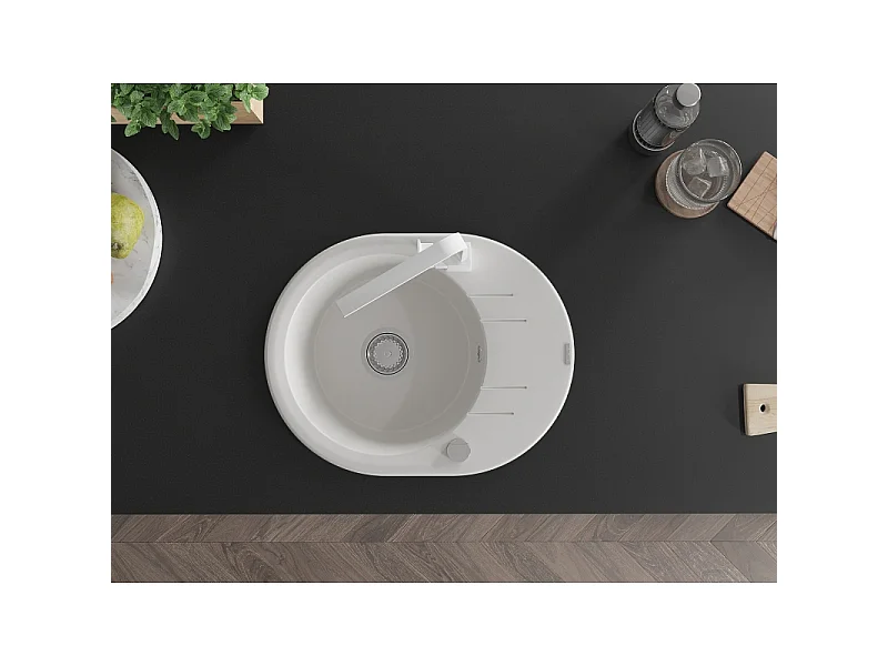 Mexen Kevin granite sink 1-bowl with drainer and Rita kitchen tap, white - 6517-20-670300-20