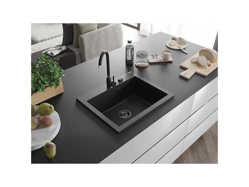 Mexen Elix évier en granit 1 bac 600 x 500 mm, noir, siphon noir - 6525601005-77-B