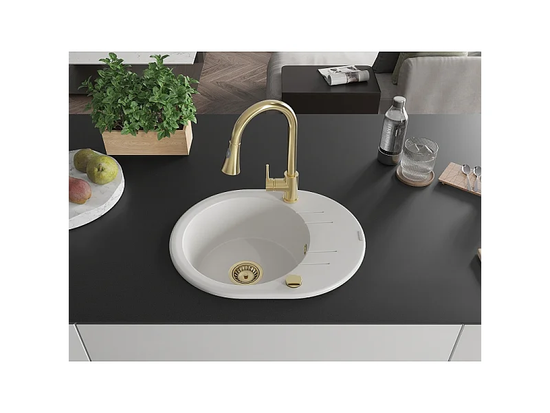 Mexen Kevin granite sink single-bowl with drainer and Elia kitchen tap, white - 6517-20-670101-50