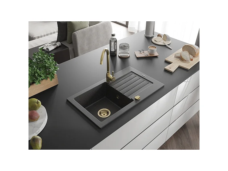 Mexen Pablo 1-bowl granite sink with drainer and Telma kitchen tap, speckled black - 6510-76-670200-50