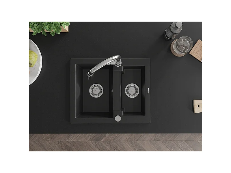 Mexen Carlos Granite Sink 1.5-Bowl with Elia Kitchen Tap, Black - 6518-77-670101-00