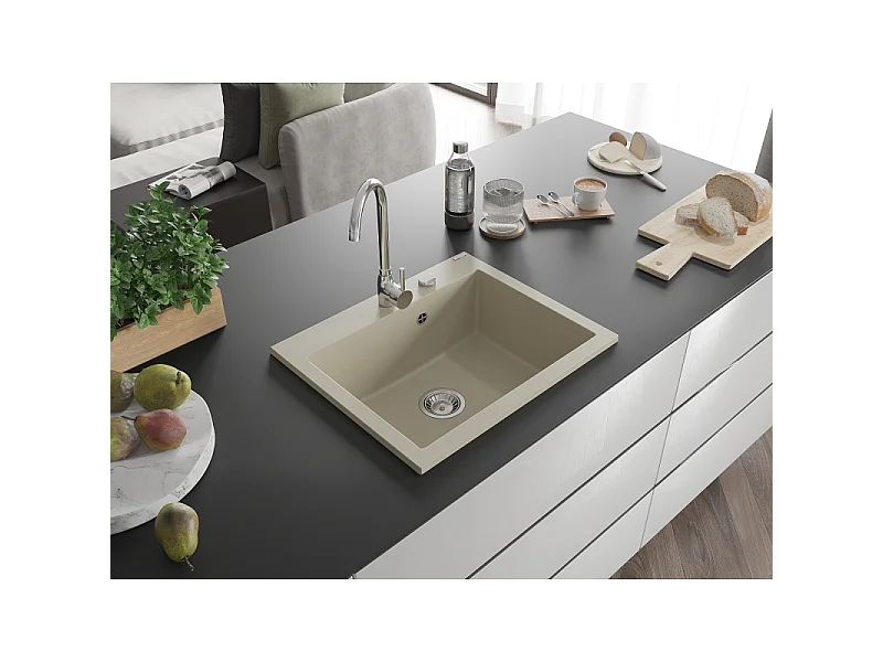 Mexen Elix granite sink 1-bowl 600 x 500 mm, beige, chrome siphon - 6525601005-69