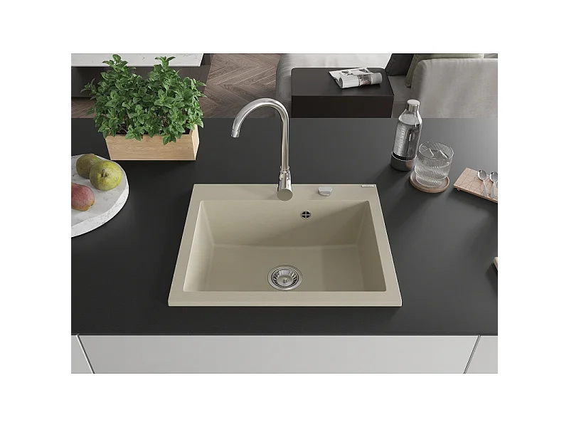 Mexen Elix granite sink 1-bowl 600 x 500 mm, beige, chrome siphon - 6525601005-69