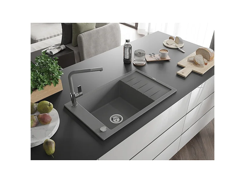 Mexen Elias granite sink 1-bowl with drainer and Flora kitchen tap, grey - 6511-71-670401-06