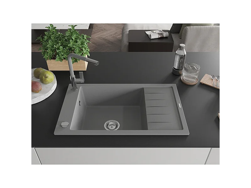 Mexen Elias granite sink 1-bowl with drainer and Flora kitchen tap, grey - 6511-71-670401-06