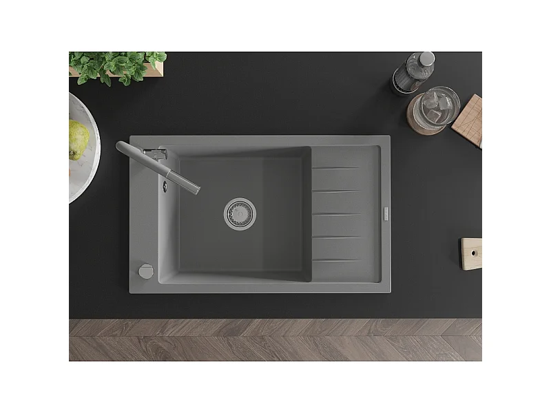 Mexen Elias granite sink 1-bowl with drainer and Flora kitchen tap, grey - 6511-71-670401-06