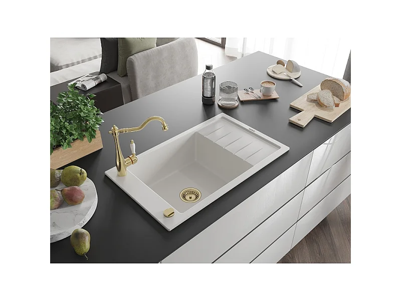 Mexen Elias fregadero de granito de 1 cubeta con escurridor y grifo de cocina Carla, blanco - 6511-20-670700-50
