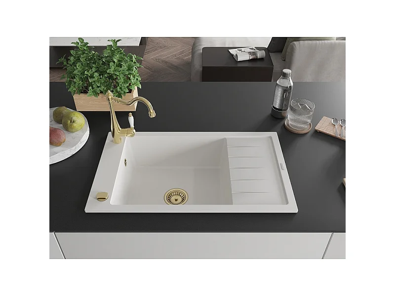 Mexen Elias fregadero de granito de 1 cubeta con escurridor y grifo de cocina Carla, blanco - 6511-20-670700-50