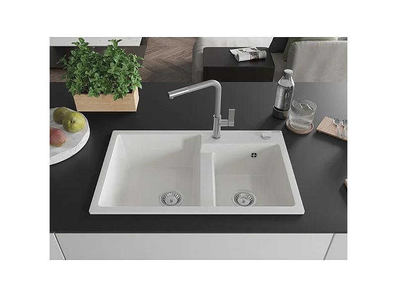 Mexen Tomas Granite Kitchen Sink 2-Bowl with Flora Kitchen Mixer, White - 6516-20-670401-06