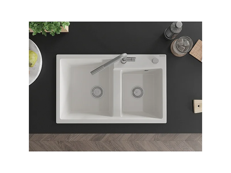 Mexen Tomas Granite Kitchen Sink 2-Bowl with Flora Kitchen Mixer, White - 6516-20-670401-06