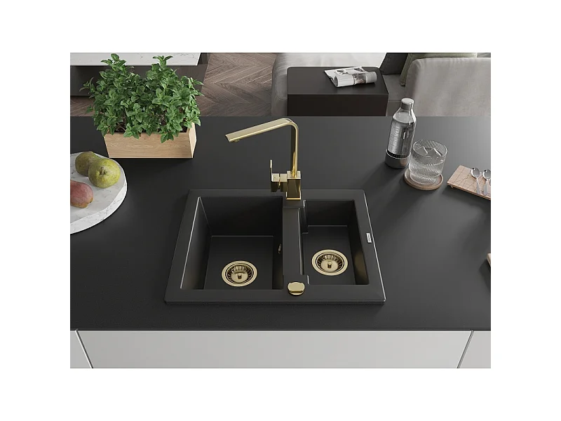 Mexen Carlos granite sink 1.5-bowl with Rita kitchen tap, black - 6518-77-670300-50