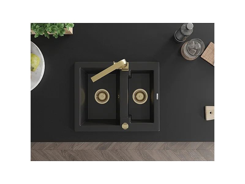 Mexen Carlos granite sink 1.5-bowl with Rita kitchen tap, black - 6518-77-670300-50