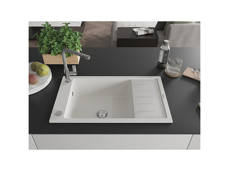 Mexen Elias 1-bowl granite kitchen sink with drainer and Flora kitchen tap, white - 6511-20-670401-06