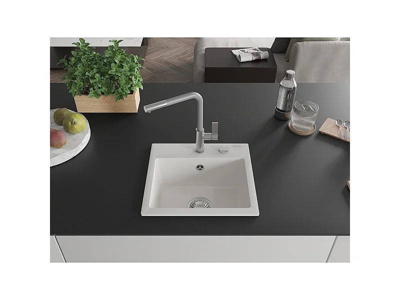 Mexen Milo 1-bowl granite sink with Flora kitchen tap, white - 6505-20-670401-06