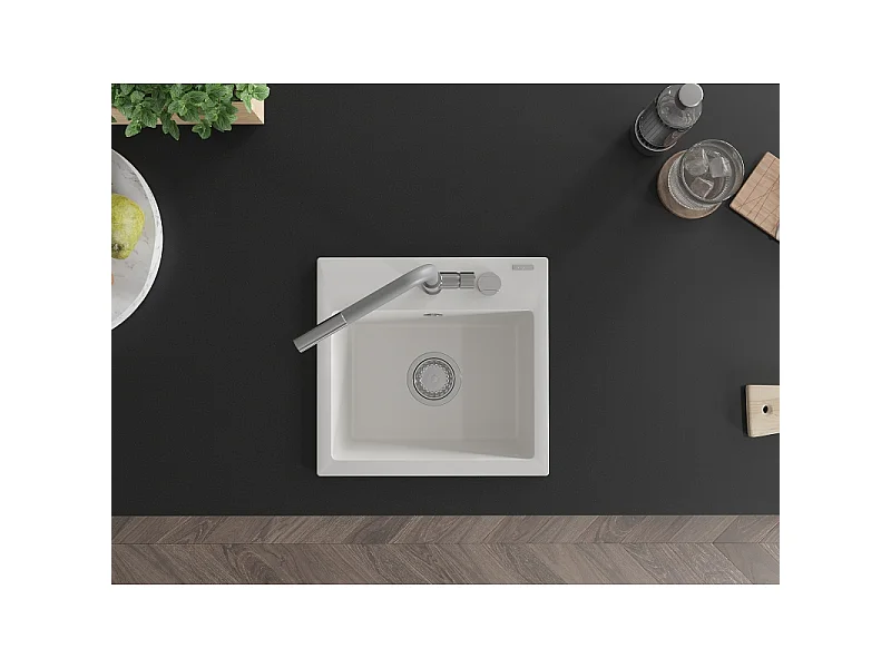 Mexen Milo 1-bowl granite sink with Flora kitchen tap, white - 6505-20-670401-06