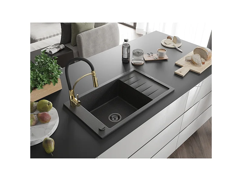 Mexen Elias fregadero de granito de 1 seno con escurridor y grifo de cocina Aster, negro moteado - 6511-76-73450-57-B