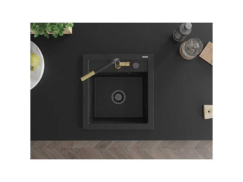 Mexen Vito granite sink 1-bowl with Flora kitchen tap, black/silver metallic - 6503-73-670401-57-B