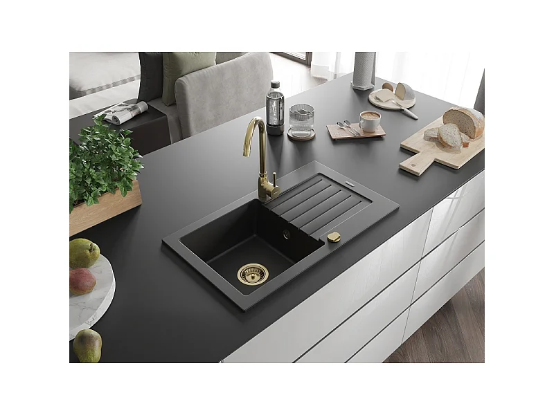 Mexen Pablo 1-bowl granite sink with drainer 752 x 436 mm, black, gold siphon - 6510751010-77-G