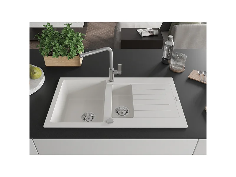 Mexen Matias fregadero de granito de 1,5 senos con escurridor y grifo de cocina Flora, blanco - 6502-20-670401-06