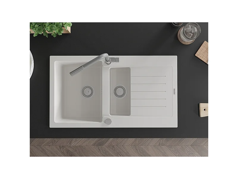 Mexen Matias fregadero de granito de 1,5 senos con escurridor y grifo de cocina Flora, blanco - 6502-20-670401-06