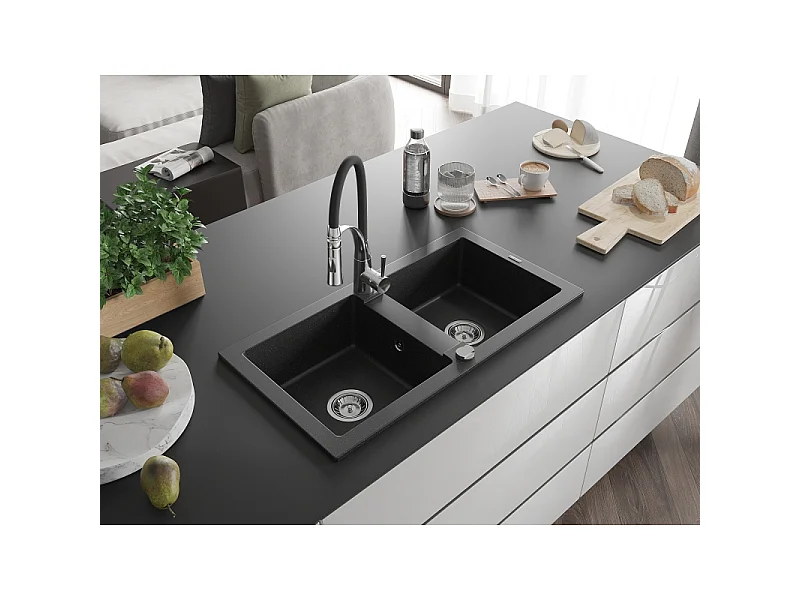 Mexen Mario fregadero de granito de 2 compartimentos con grifo de cocina Aster, negro/plata metálica - 6504-73-73450-07