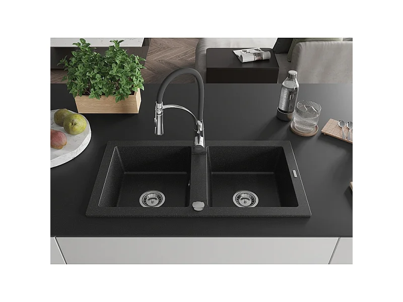Mexen Mario fregadero de granito de 2 compartimentos con grifo de cocina Aster, negro/plata metálica - 6504-73-73450-07