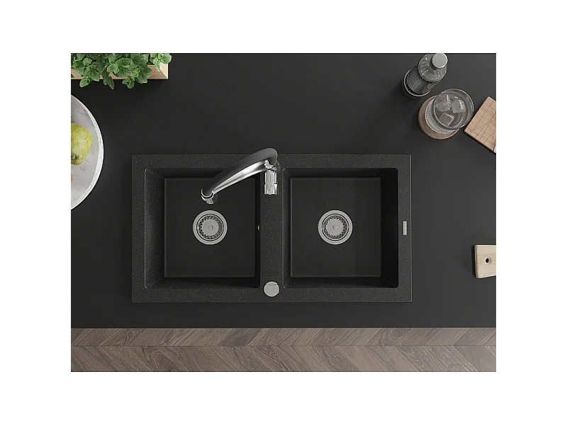 Mexen Mario fregadero de granito de 2 compartimentos con grifo de cocina Aster, negro/plata metálica - 6504-73-73450-07