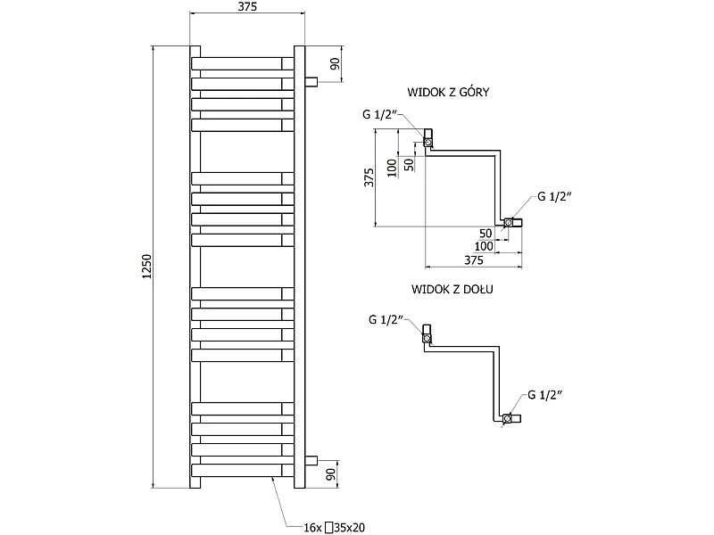 Mexen Loop radiador de casa de banho de canto 1250 x 375 mm, 666 W, branco - W129-1250-350-00-20