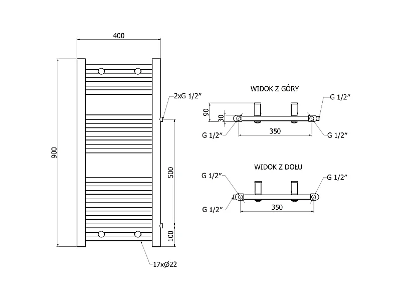 Mexen Mars radiateur de salle de bain latéral 900 x 400 mm, 309 W, noir - W110-0900-400-00-70-S
