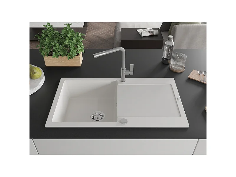Mexen Leo granite sink 1-bowl with drainer and Flora kitchen tap, white - 6501-20-670401-06