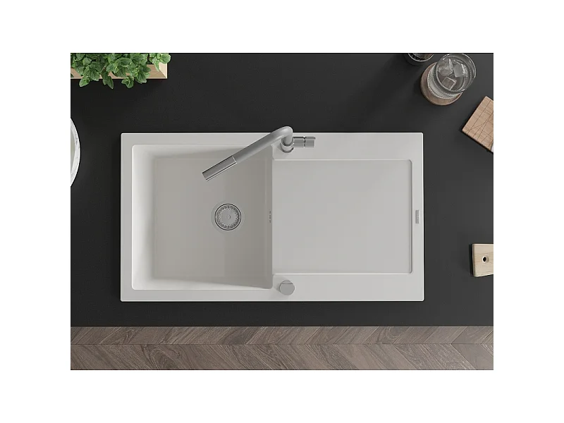 Mexen Leo granite sink 1-bowl with drainer and Flora kitchen tap, white - 6501-20-670401-06
