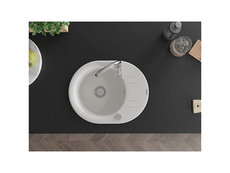 Mexen Kevin 1-bowl granite sink with drainer 586 x 458 mm, white, chrome siphon - 6517581005-20