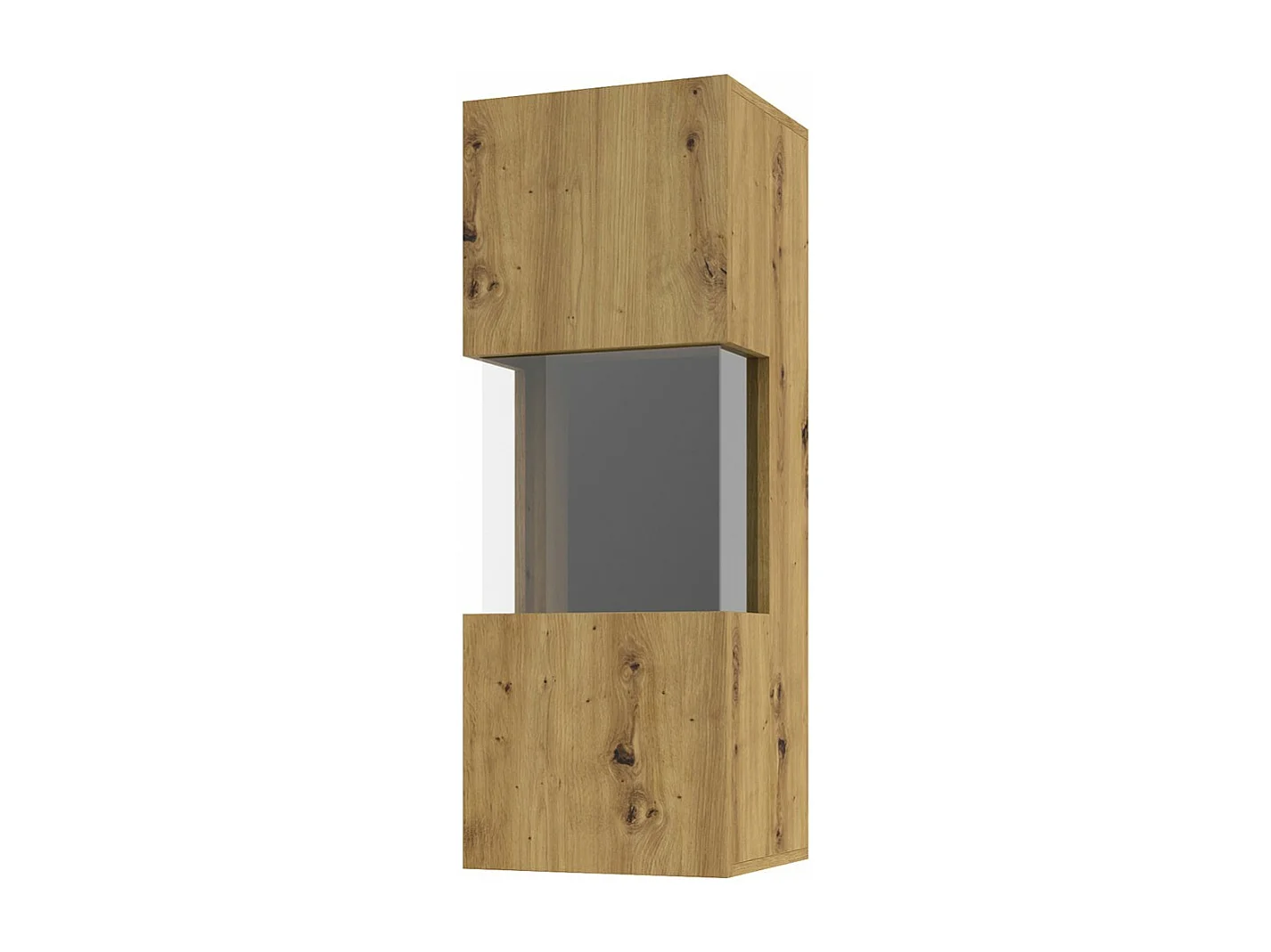 Pequena vitrine suspensa com 1 porta parcialmente envidraçada da coleção EVA. Cor carvalho e preto.