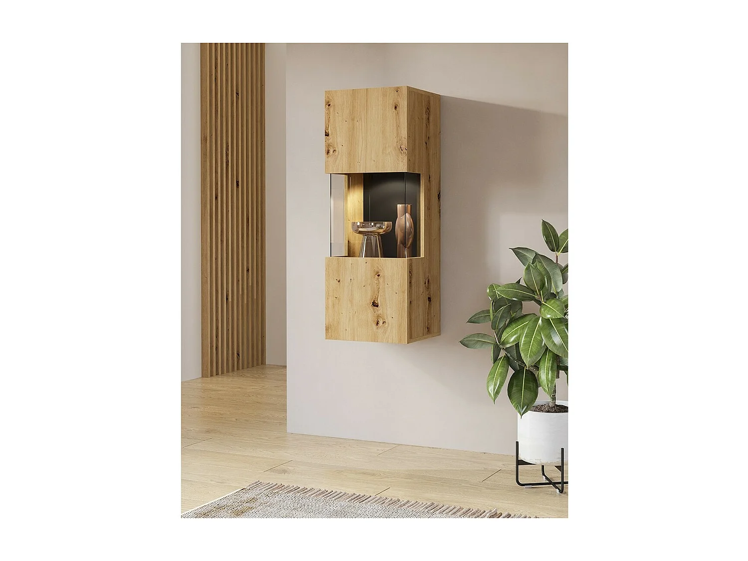 Pequena vitrine suspensa com 1 porta parcialmente envidraçada da coleção EVA. Cor carvalho e preto.