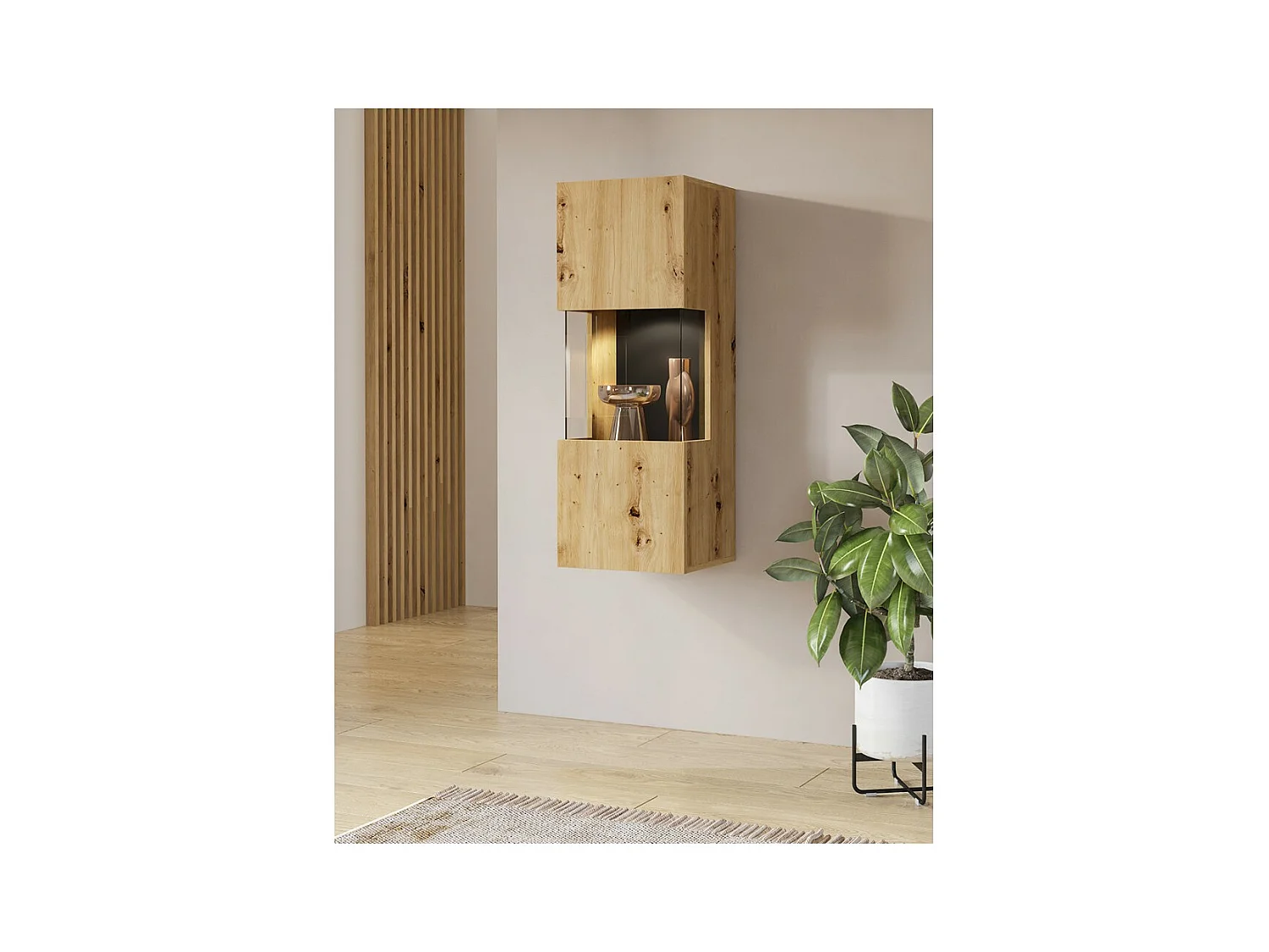 Kleine hangende vitrinekast met 1 deels glazen deur uit de EVA-collectie. Kleur: eiken en zwart.